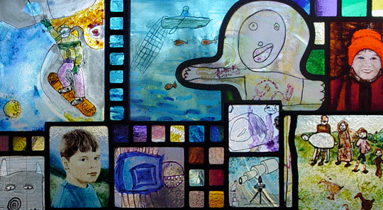 stained glass collage of the children's art of the Hawkins family