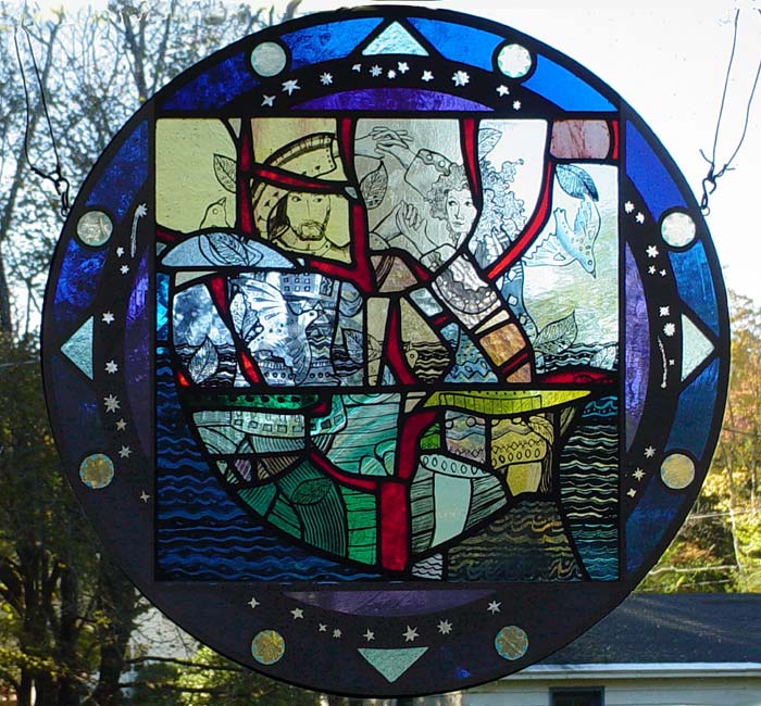 Round  art glass panel depicting marriage as both a dance, a tree and a boat on the sea