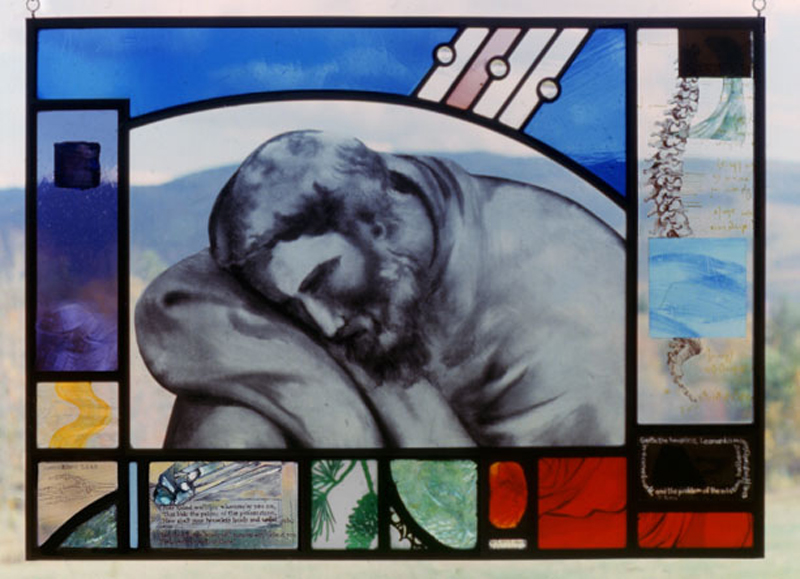Autonomous stained glass panel with an interpretation of a Giotto figure which connects religion to Shakespeare's Lear and DaVinci