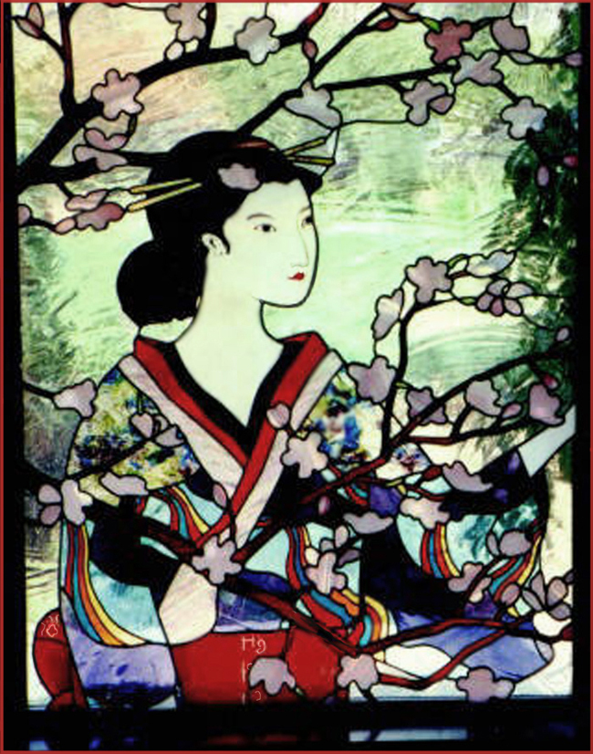 Stained Glass window of Woman wearing kimono under bossoming cherry tree 