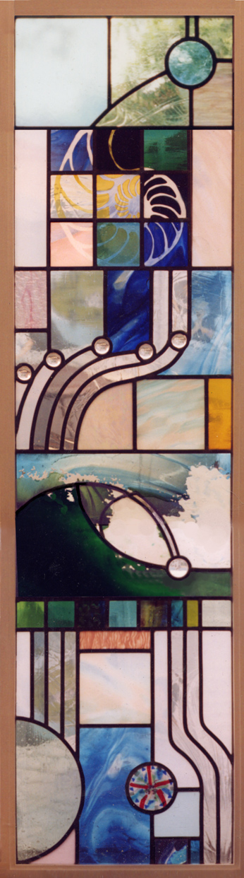 architectural art glass with theme of waves, particles and wave forms in oceanic colors
