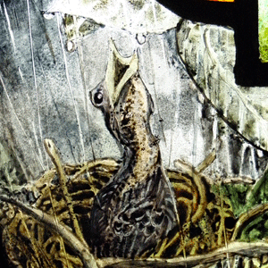detail of rainstorm window shows nesting baby bird in rain