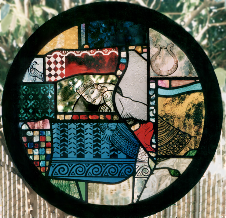 contemporary interpretation of medieval stained glass inspired by the sculpture of Gislebertus and the legends of King David's harp